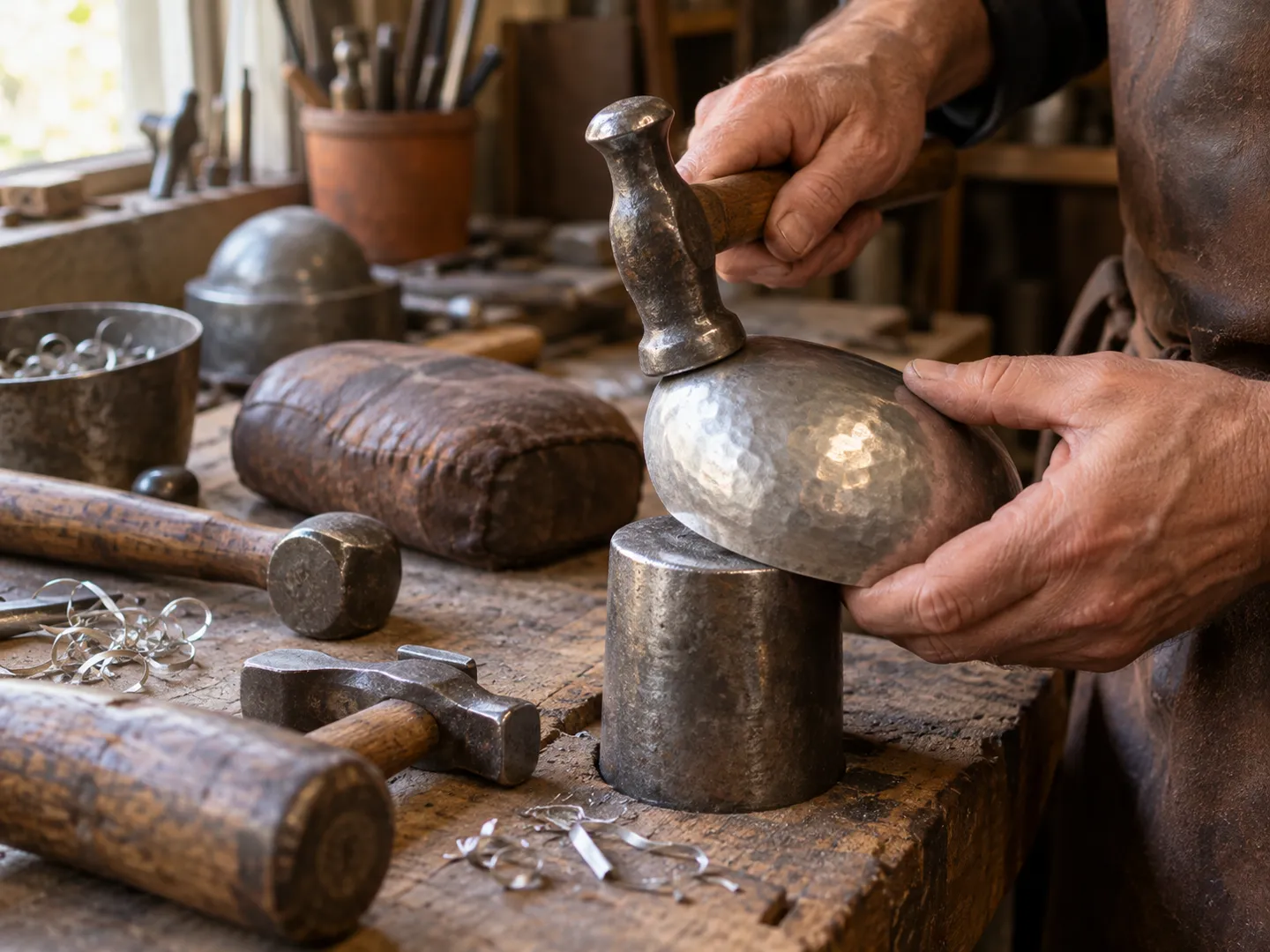 Hands shaping a hammered pewter-coloured bowl on a steel stake, with old hammers and a leather sandbag on the bench
